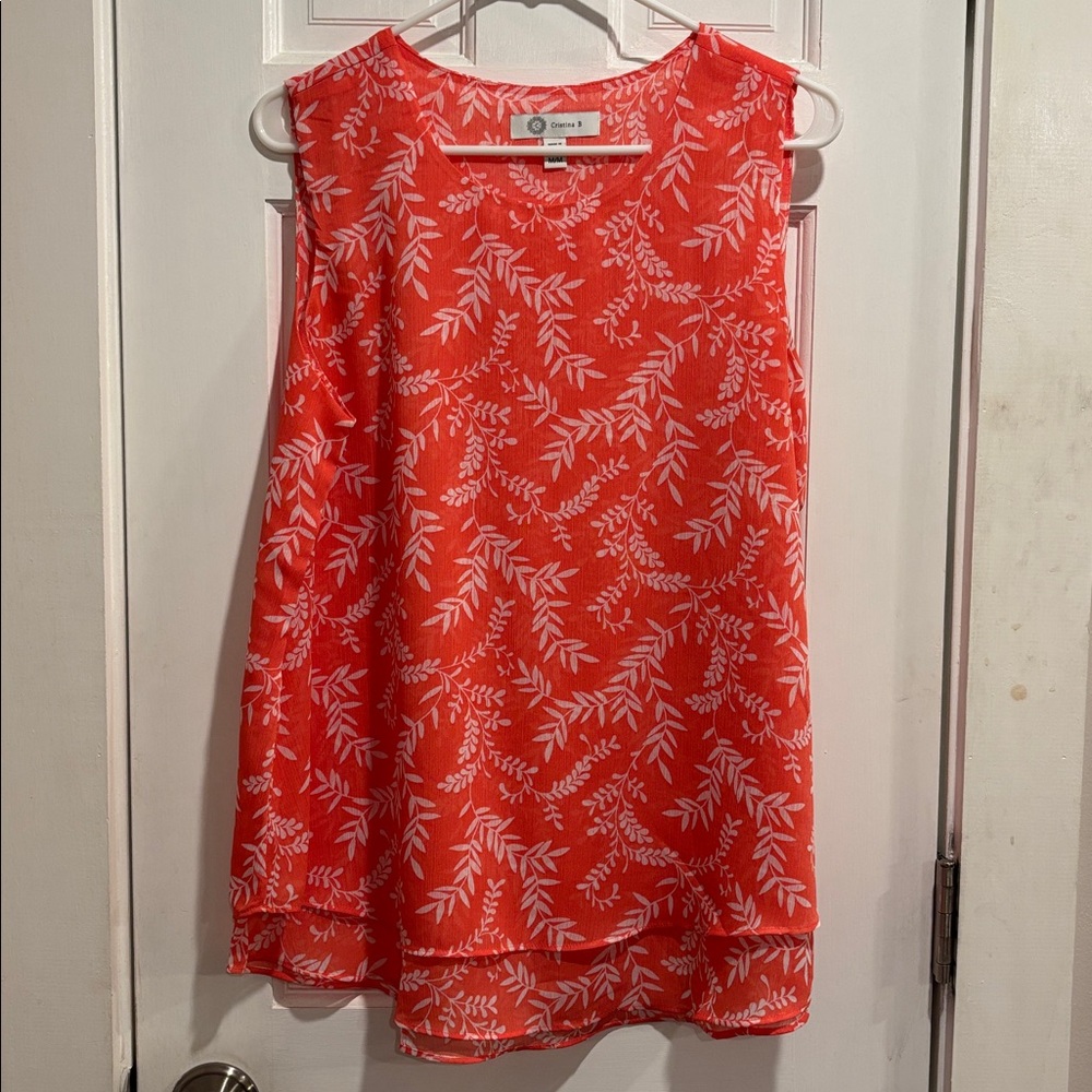 Christina B Coral Top with White Leaf Design
